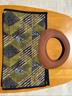 Geometric Print Clutch with Brown Leather Handle
